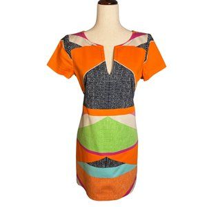 Trina Turk Colorful Geometric Print Sheath Dress Short Sleeve Split Neck Sz 8